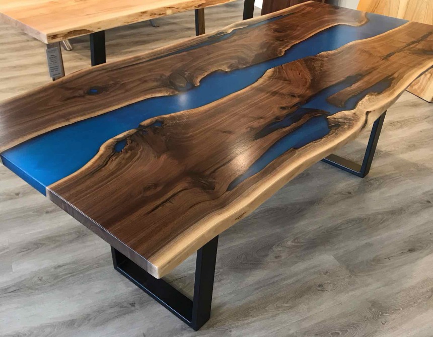 Live Edge Walnut River Table With Black Epoxy Resin 